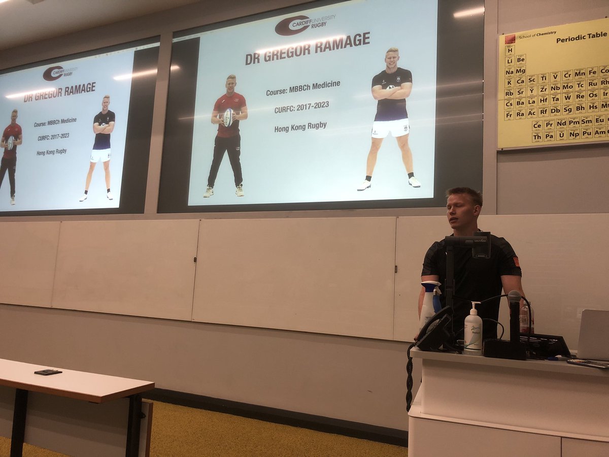 Brilliant to welcome Dr <a href="/GregorRamage/">Greg Ramage</a> back to <a href="/cardiffuni/">Cardiff University</a> for todays open day. Reflecting on playing <a href="/BUCSSuperRugby/">BUCS Super Rugby</a> and <a href="/HongKongRugby/">Hong Kong China Rugby</a> whist balancing his studies and graduating from Medicine 🔴⚫️ 🧑‍⚕️ 🏉