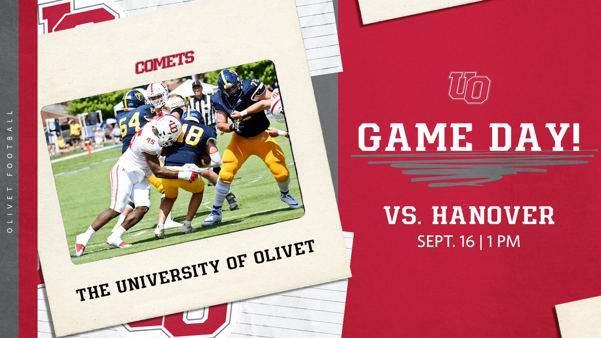 GAME DAY! It's the home-opener for @uolivetfootball team! 🆚 Hanover 🕐 1 pm 📊 olivetcomets.com/x/1a2az 💻 olivetcomets.com/links/nkk1xh #GoCOMETS #d3fb