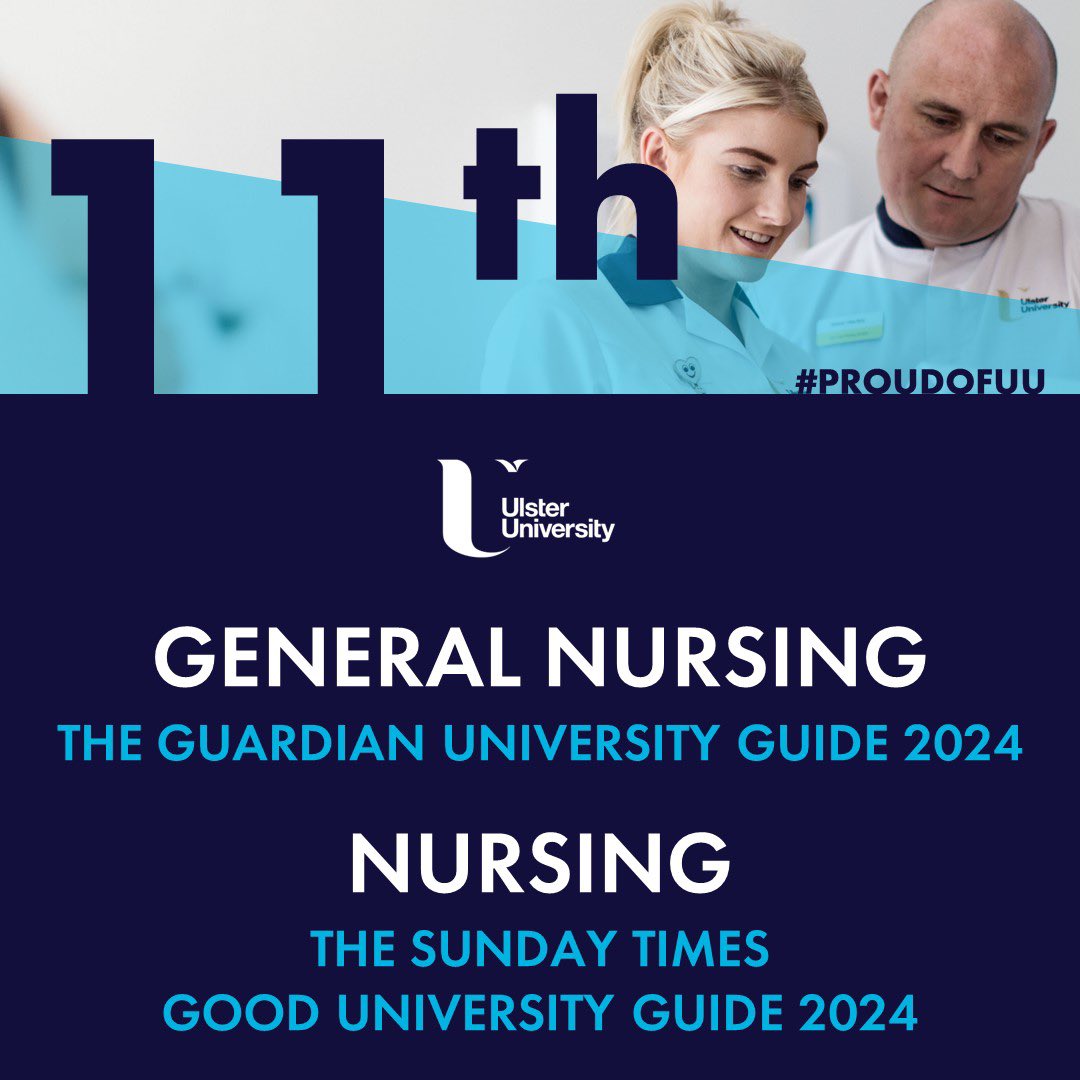 Proud of our <a href="/UlsterUniSoNP/">Ulster Uni Nursing and Paramedic Science💙</a> students and team. 11th in the UK for Adult Nursing (The Guardian) and Nursing (The Sunday Times). <a href="/NealFCook/">Neal Cook RN PhD</a> <a href="/DebbieGoode5/">Debbie Goode RN PhD 💙</a> #proudofUU