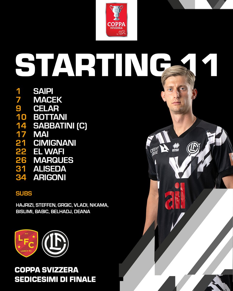 ⚪⚫ 𝐈𝐭'𝐬 𝐭𝐢𝐦𝐞 🔥 Ecco il nostro undici titolare per la sfida valida per i sedicesimi di finale di Coppa Svizzera contro il <a href="/lancy_fc_2012/">Lancy FC</a> ⚽

#fclugano #lugano #LFCLUG #LancyLugano #CoppaSvizzera #SchweizerCup