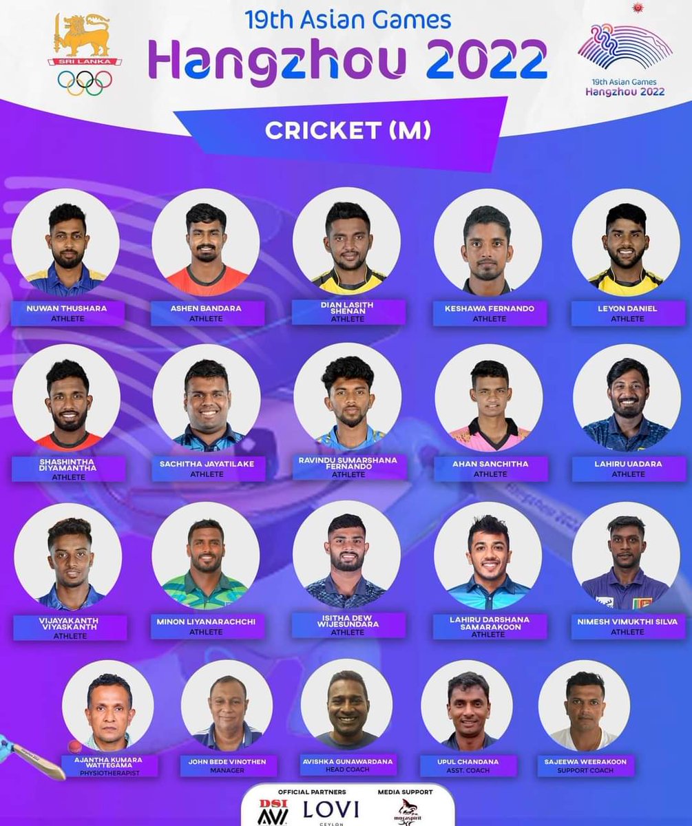 sm_wajith's tweet photo. 19th Asian Games Hangzhou 2022 - #TeamSriLanka
The 15-member cricket men's squad is ready for the Hangzhou 2022 Asian Games.
#AsianGames
#goLankago https://t.co/5QwIufDTuD
