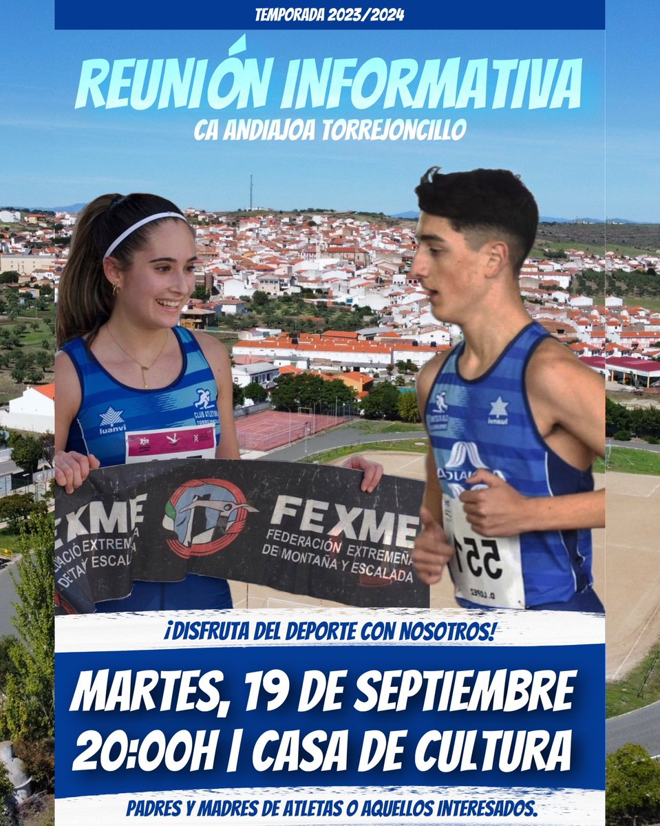 💙 | 𝐑𝐄𝐔𝐍𝐈Ó𝐍 𝐈𝐍𝐅𝐎𝐑𝐌𝐀𝐓𝐈𝐕𝐀 𝐃𝐄𝐋 𝐀𝐍𝐃𝐈𝐀𝐉𝐎𝐀 𝐓𝐎𝐑𝐑𝐄𝐉𝐎𝐍𝐂𝐈𝐋𝐋𝐎

🗣 Reunión informativa para padres y madres de atletas o aquellos que estén interesados. 

📆 19 de septiembre. 
🕒 20:00 h. 
📍 Casa de Cultura.

📲 #CAAndiajoaTorrejoncillo