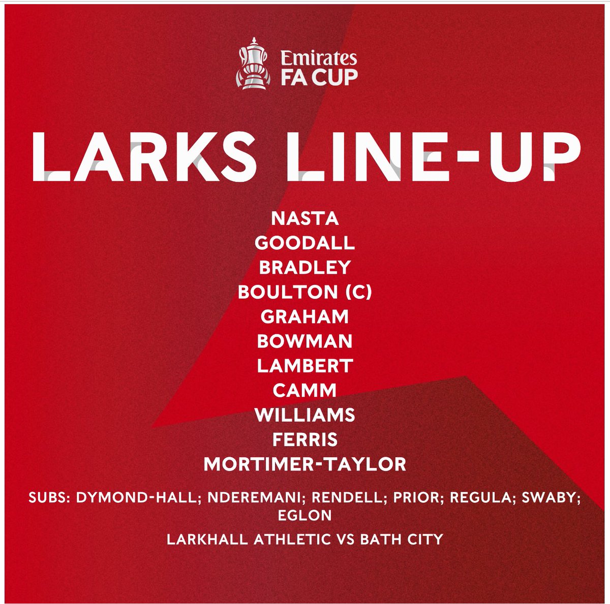 Today’s Larks line-up to face <a href="/BathCity_FC/">Bath City FC</a> in the <a href="/EmiratesFACup/">Emirates FA Cup</a> <a href="/swsportsnews/">South West Sports News</a>