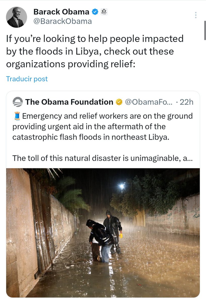 La doble moral de Obama. En 2011 bombardeó como Presidente de EEUU a Libia dejando a uno de los paises más desarrollados de África en uno de los más destrozados y fallidos, y ahora en 2023 pide ayuda humanitaria para Libia desde su Fundación por inundaciones del Ciclón Daniel