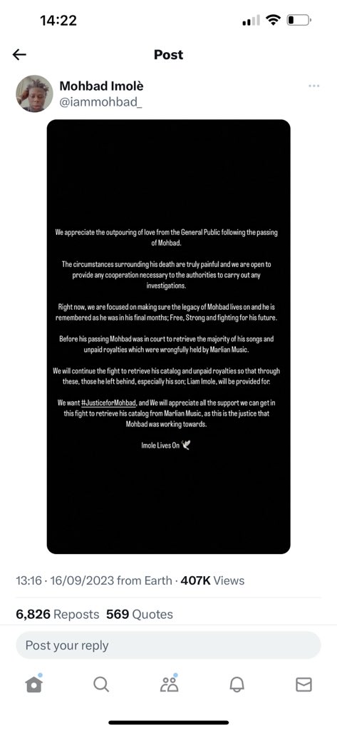 This was 1 hour ago on Mohbad’s page. He was in court the last few months fighting Marlian Music for royalties and payments for his songs.

He suddenly turns up dead in very sudden, suspicious and mysterious circumstances which suggests a murder may have happened.

Pls don’t stop