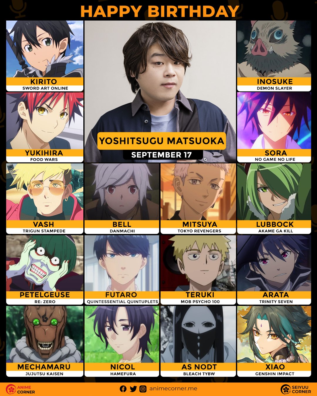 Seiyuu Corner - Happy 36th Birthday to the Harem King Yoshitsugu  Matsuoka! 🎂 Tsugu-Kun is famous for his roles such as Kazuto Kirigaya  Kirito from Sword Art Online, Souma Yukihira from Food