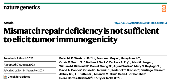 Nice paper in @NatureGenet building on determinants of response in dMMR cancers from @LabJacks. Nice to see reanalysis of our @CD_AACR work in dMMR gastric from @AnMinae and @JeeyunM rdcu.be/dmhA7 -- Nature Genetics paper