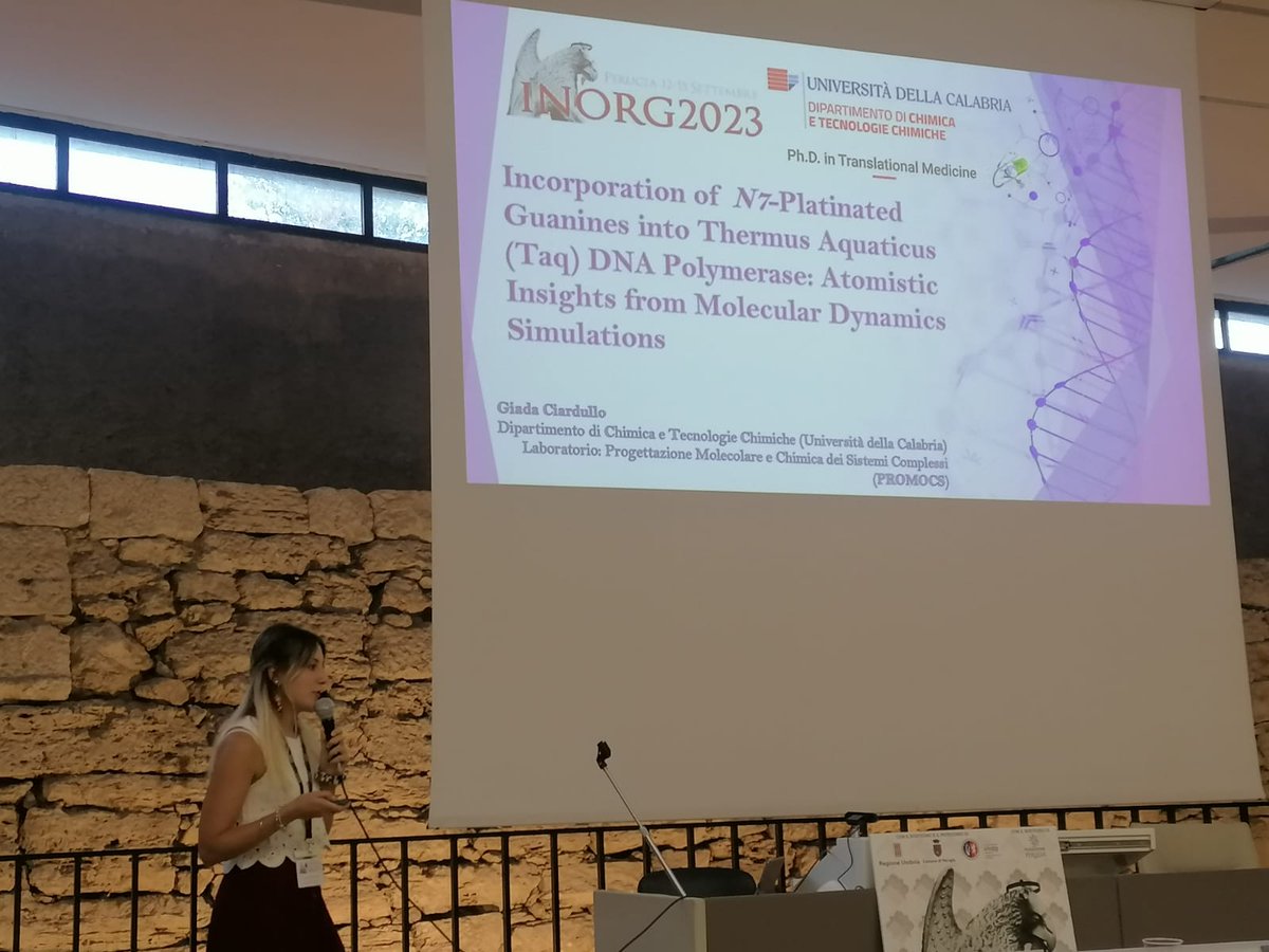 Honored to have presented the study on the incorporation of N7 platinated guanines into Taq DNA Polymerase with Molecular Dynamics simulations at the 49th Congress of Inorganic Chemistry in Perugia, Italy. 
#INORG2023 #InorganicChemistry