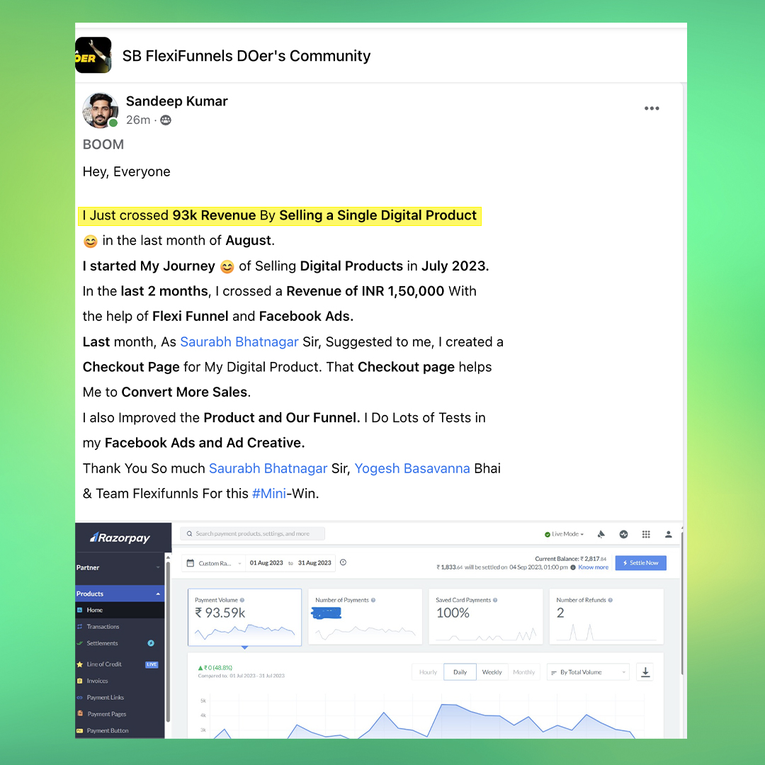 We are super proud and happy to announce that Mr. Sandeep Kumar has become the new FlexiFunnels Ambassador by generating revenue of Rs 93,000 in 30 days.

He achieved this feat by selling digital products using FlexiFunnels.

#flexifunnels #flexifunnelsambassador