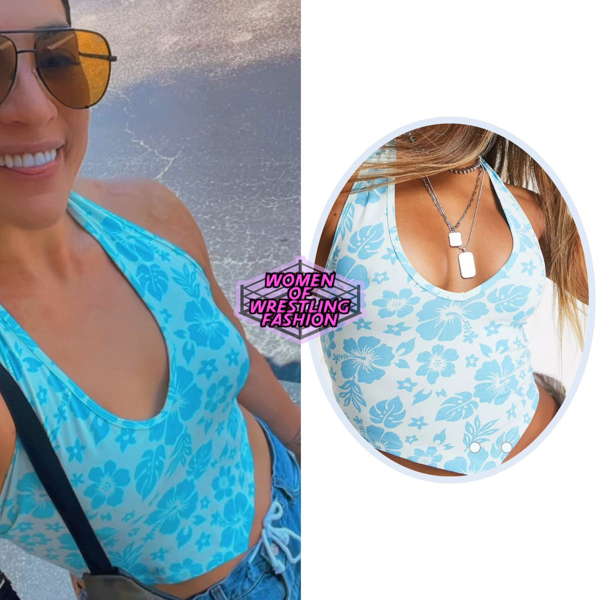 WmenWrstlinFash's tweet photo. .@RaquelWWE is wearing the Scarf Hem Neck Halter Top in Blue Hawaiian Print from #ASOSDesign (65% off - $6.05) https://t.co/I91QfGPSUk