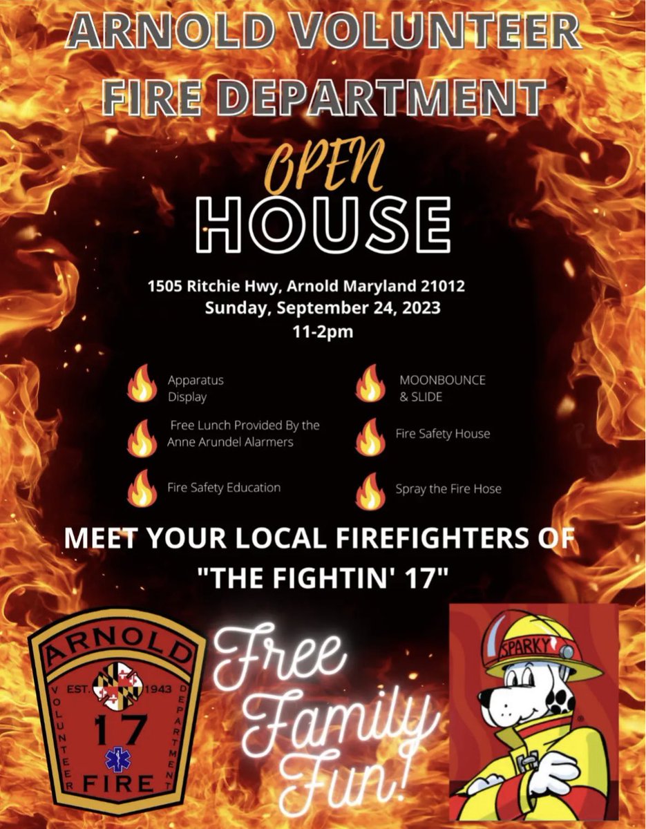 Our annual open house is September 24th 2023 from 11am to 2pm. Come join us !!! #aacofd #arnoldvfd #fightin17