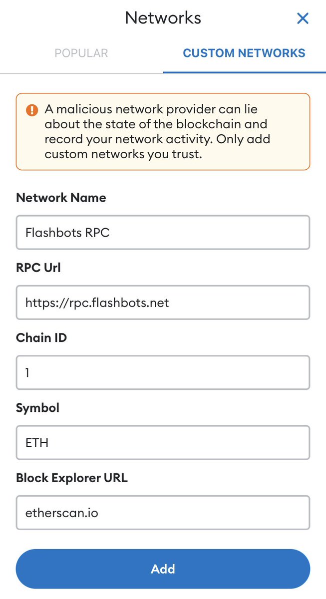Love28052023's tweet photo. π₯ TIPS ON HOW NOT TO GET SANDWICHED BY AN MEV BOT: USE #FLASHBOTS RPC.
Copy & Paste:
Network Name: Flashbots RPCβ¨RPC URL: https://t.co/iJbofBmyz1
ChainID: 1β¨Symbol: ETH
Save and click "Switch to Flashbots RPC."
Cheers! π
$RBIF #RoboInu π..πΎ
@RGI_info ππ΄
#RoboCommunity https://t.co/TmBUkuoAYP