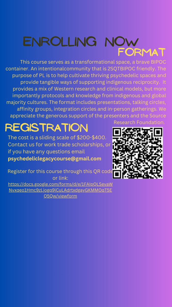 Psychedelic Legacy is an online educational course that has 25+ presenters to help people to reclaim their connection to plant medicines and supporting indigenous reciprocity. We have work trade scholarships. Send questions to: PsychedelicLegacyCourse@gmail.com
