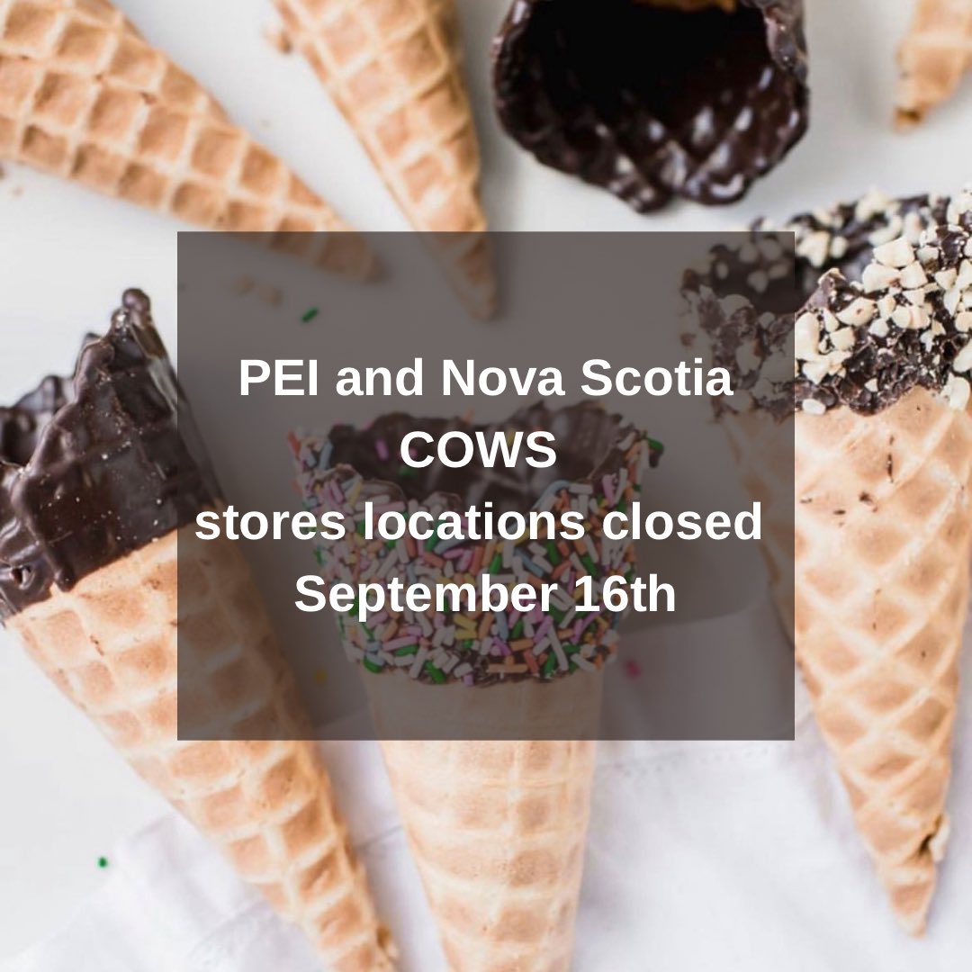 Please be advised that our PEI and Nova Scotia COWS store locations will be closed today, September 16th, due to the impending weather. We hope Moo all stay safe!