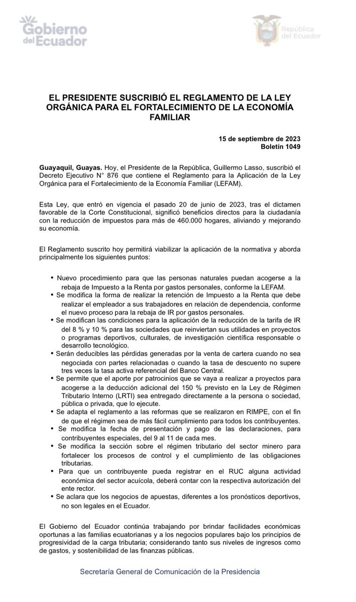 ecuainm_oficial's tweet photo. ‼️#URGENTE
El presidente @LassoGuillermo, suscribió el Decreto Ejecutivo 876 que contiene el Reglamento para la Aplicación de la Ley Orgánica para el Fortalecimiento de la Economía Familiar. https://t.co/xkFAqXjsI6