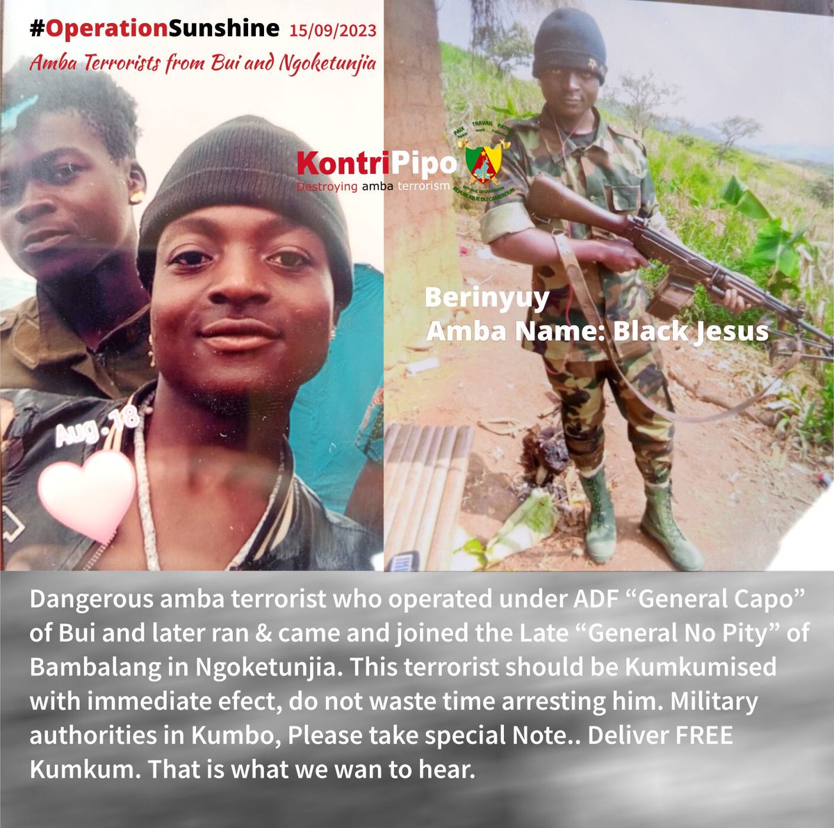 antiterrorism16's tweet photo. #OperationSunshine ambazonia terrorist from #Bui and #Ngoketunjia called Black Jesus. Authorities in #Kumbo 
@HonneurFidelite https://t.co/QBqS27sXXD