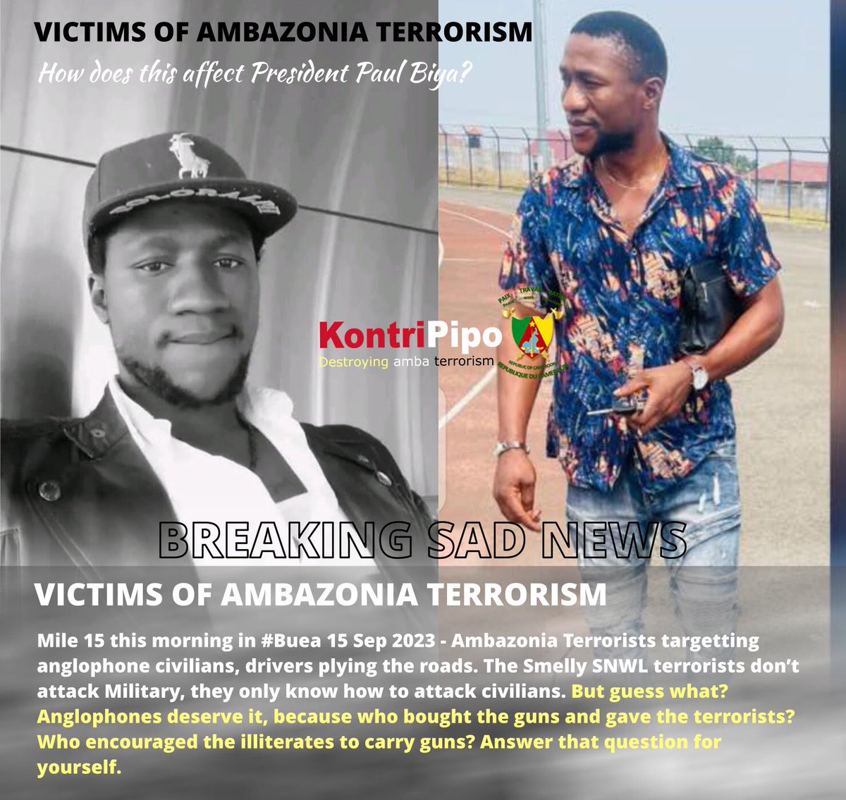 antiterrorism16's tweet photo. BREAKING SAD NEWS. 
Amba terrorists murder innocent anglophone civilians, Mile 15 this morning in #Buea 15 Sep 2023 - Ambazonia Terrorists targetting anglophone civilians, drivers plying the roads. https://t.co/4JcUo3z50t