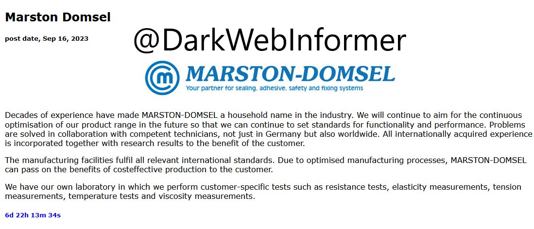 DarkWebInformer's tweet image. Marston-Domsel GmbH (not on Twitter/X) we wanted to inform you that the ransomware group Ciphbit has reportedly named you as a victim. Please inform your security team. #MarstonDomselGmbH #Ciphbit #Ransomware #StopRansomware #DarkWeb