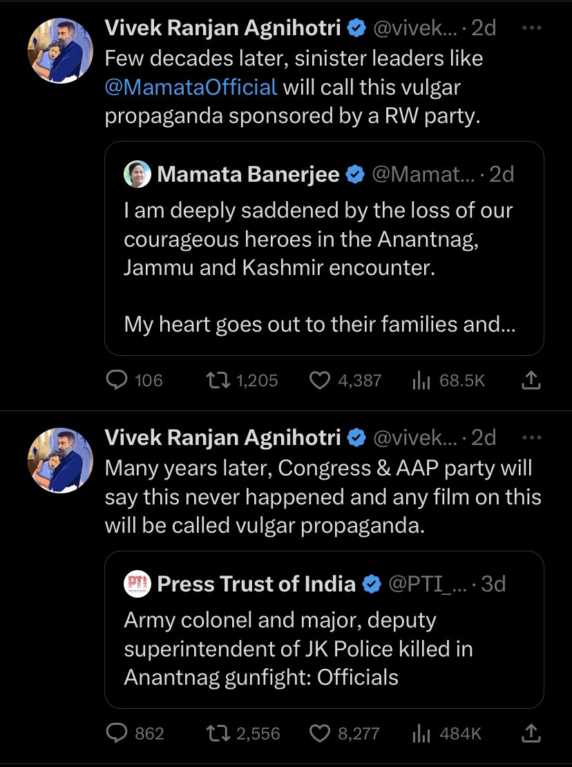 These were the first two tweets by this nationalist film maker. While the nation was mourning the loss of it’s #Anantang martyrs, Vivek Agnihotri was busy mooting the idea of a prospective film over #AnantnagAttack. How can someone be this cruel, that our bravehearts have fallen…