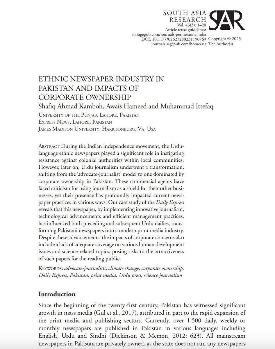 IttefaqM's tweet photo. 🚨🚨New Study!🚨🚨
Our study titled "Ethnic Newspaper Industry in Pakistan and Impacts of Corporate Ownership" is out now in South Asia Research. Please reach out for pdf copy.
https://t.co/HiXCy3eVYn @JMUresearch @JMUCALResearch @JMUlibraries 
https://t.co/HdL1lTeOBG https://t.co/q514Deeu8P