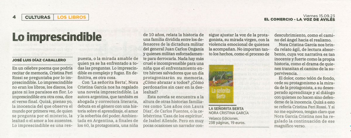 velascoedicion's tweet photo. La señorita Berta, novela de la escritora argentina Nora Cristina García, nos sigue dando alegrías. La última, esta reseña de @entre_vj publicada en el Culturas de @elcomerciodigit . 

#laseñoritaberta #noracristinagarcía #nuevasletrashispanoamericanas #velascoediciones https://t.co/IA9pSA2OoV