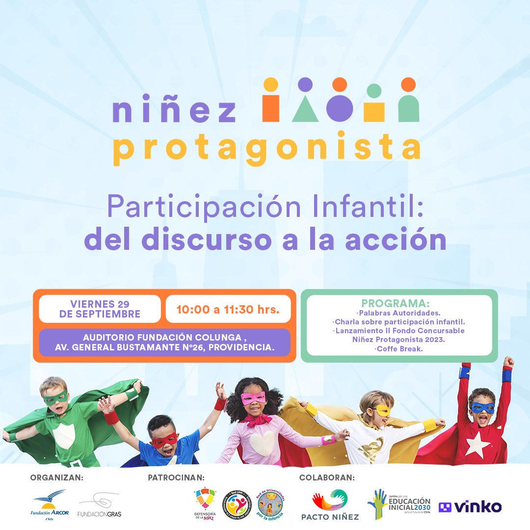 📢 Está abierta la inscripción para el 1° taller sobre "Participación Infantil: del discurso a la acción" y el lanzamiento de la II Convocatoria Nacional del Programa Niñez Protagonista.

 🗓️29/09 de 10:00 a 11:30 hrs.
📍Bustamente 26, Providencia.
 bit.ly/NinezProtagoni…