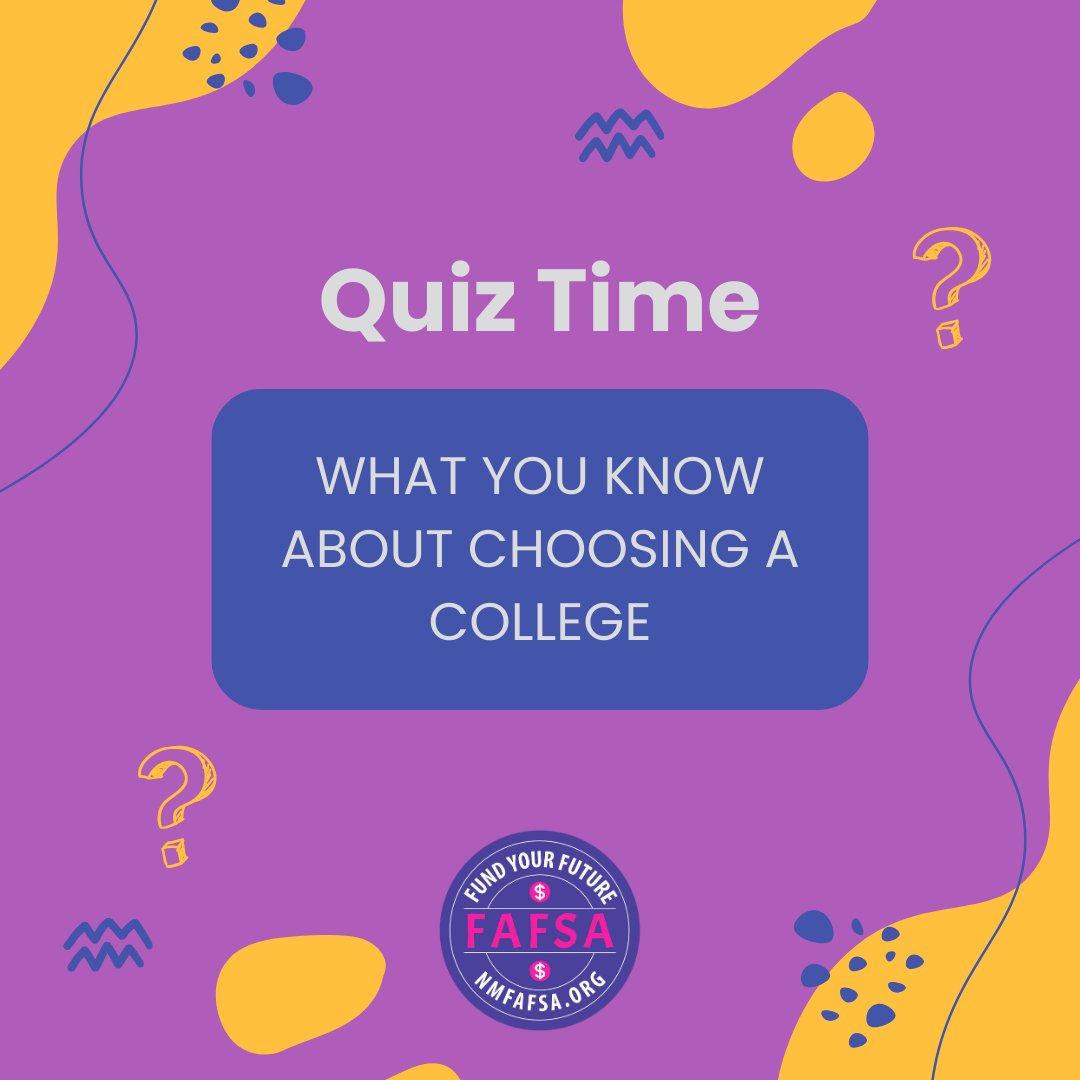 NM_FAFSA's tweet image. 🎓 College Choice Challenge! 🤔 How much do you know about picking the perfect college? Take this quick quiz and see how your decisions relate to your FAFSA journey. Ready to dive in? Click here: bit.ly/3qRCLPf  💼📚 #CollegeQuiz #FAFSAPath