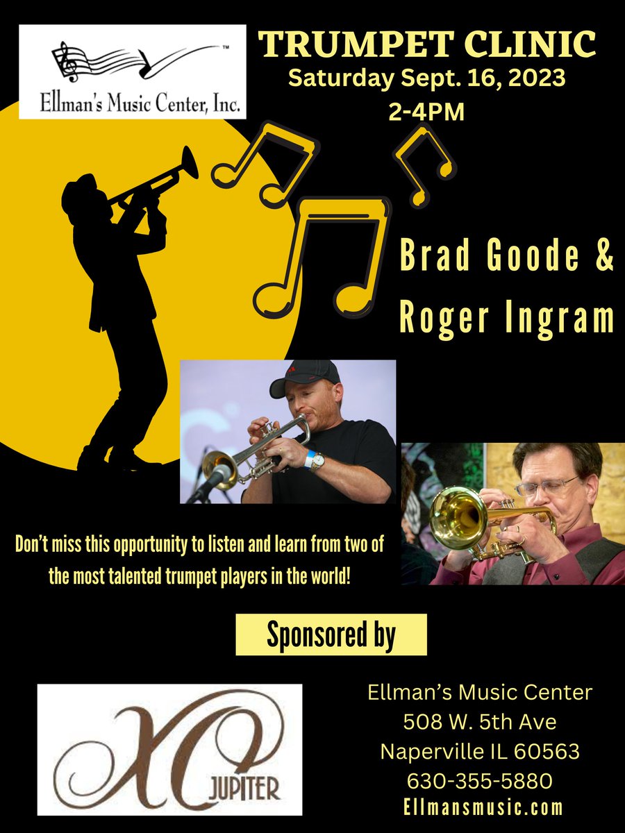 xobrass's tweet photo. Chicago area trumpeters: Join XO artists Brad Goode and Roger Ingram for their clinic TODAY at Ellman's Music Center! #xobrass https://t.co/k4lsWvqZGQ