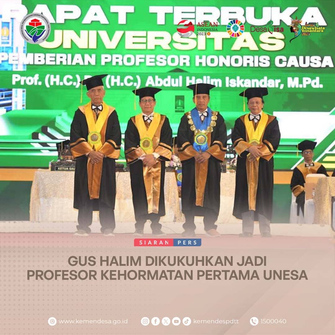Mendes PDTT Abdul Halim Iskandar <a href="/halimiskandarnu/">ABDUL HALIM ISKANDAR</a> dikukuhkan menjadi Profesor Kehormatan pertama Universitas Negeri Surabaya (Unesa). Penganugerahan gelar Profesor Kehormatan Bidang Ilmu Sosiolingustik,  Sabtu (16/9/2023).

#KemendesPDTT
#SDGsDesa
#DesaBisa
#MulaiDariDesa