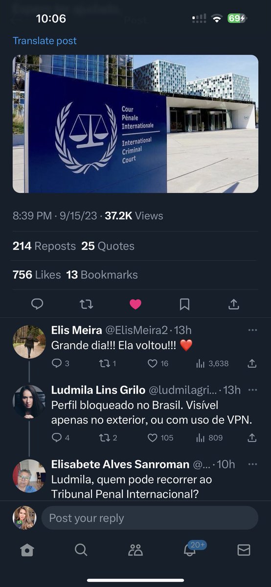 Juíza Ludmila Lins Grilo, que teve os perfis bloqueados no Brasil, postou isso 👇