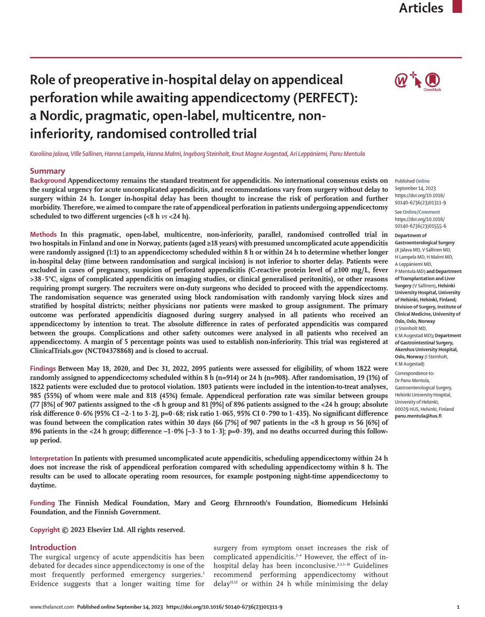 PERFECT Trial: Role of preoperative in-hospital delay on appendiceal perforation while awaiting appendicectomy by @villesallinen in @TheLancet 
#MISIRGlobalSurgery #SoMe4Surgery
