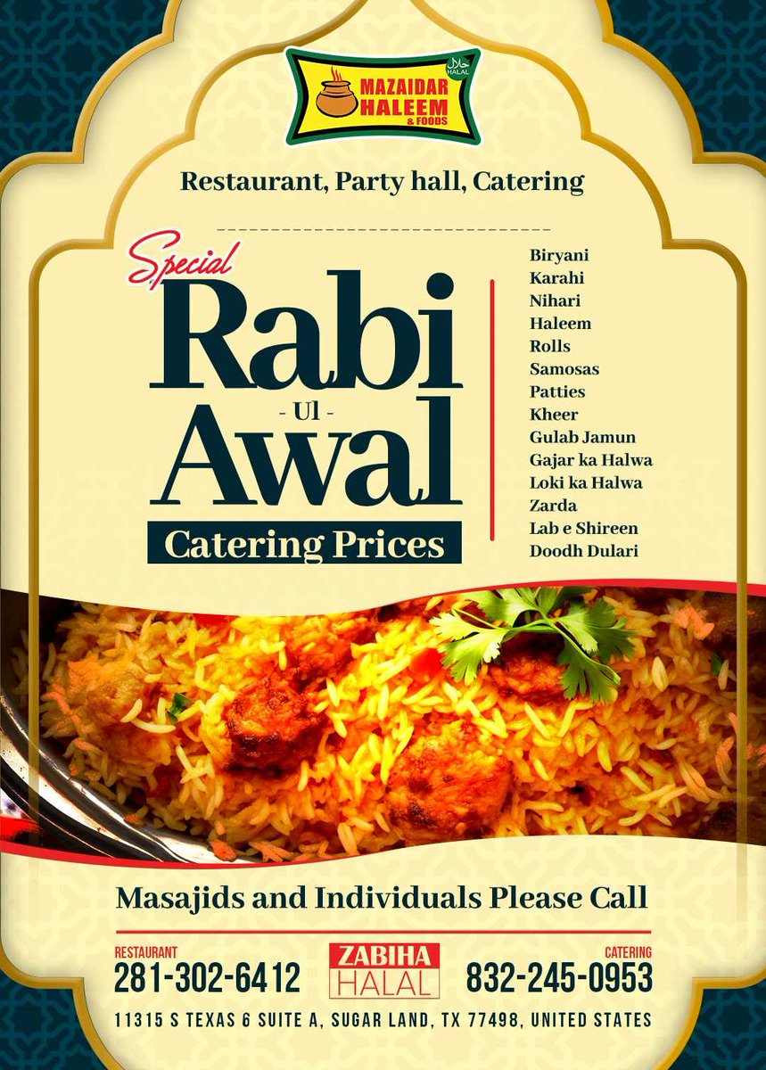 Special Rabi Ul Awal catering prices. contact us for further details. mazaidarhaleemusa.com #islamicquotes #islamic #islamicreminders #Allah #Muslims #muslimcommunity #Muhammad_SAW #IslamicCulture #usareels #desifoodie #houstontx #richmond #desifoodlover #Houston #usatoday