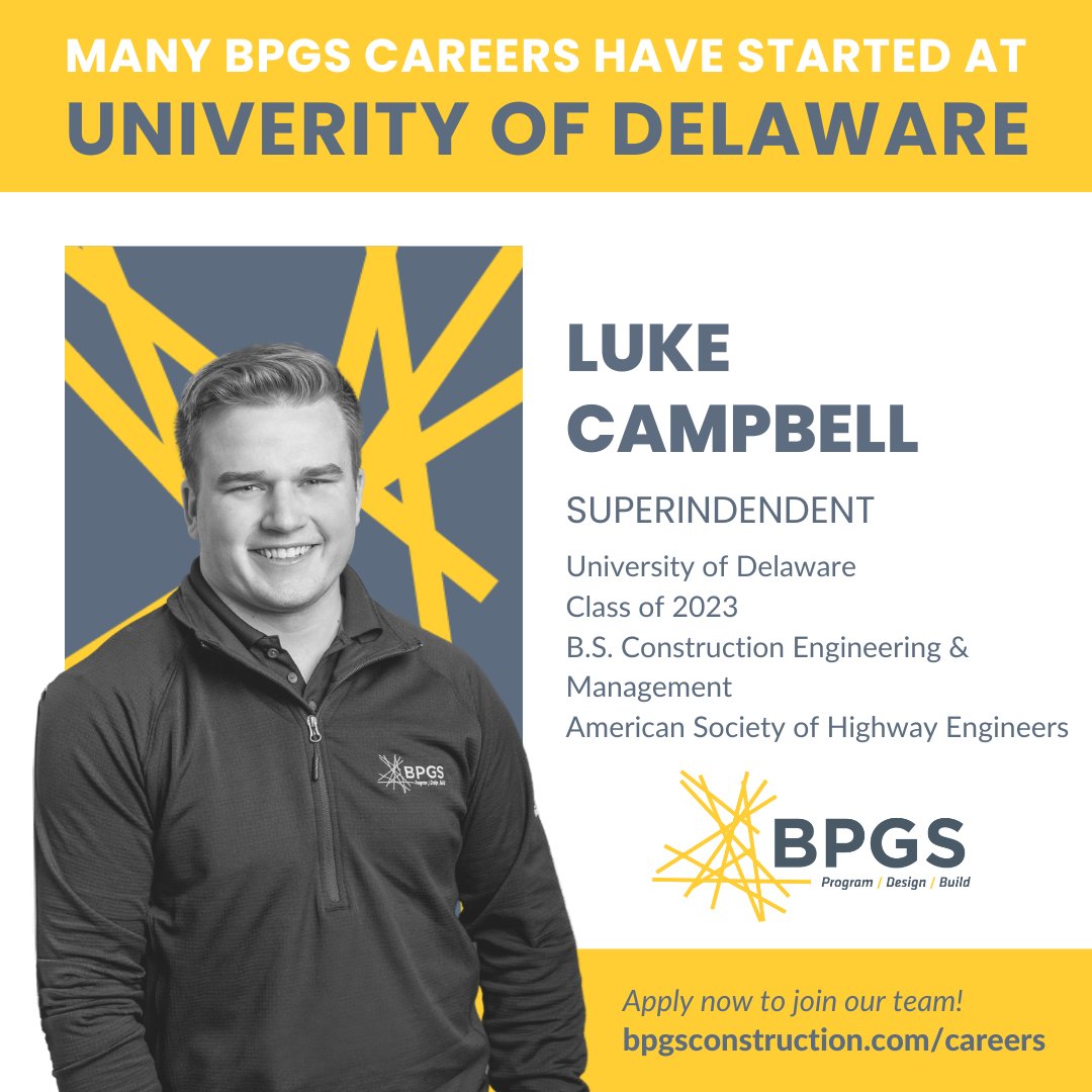 Many BPGS careers have started at UD, including Superintendent Luke Campbell 🏗️

See why YOU should be a part of the BPGS Construction story, and learn more about the opportunities within our dynamic and unique organization at the <a href="/UDelaware/">Univ. of Delaware</a> Career Fair on Sept 19 from 5-6:30PM!
