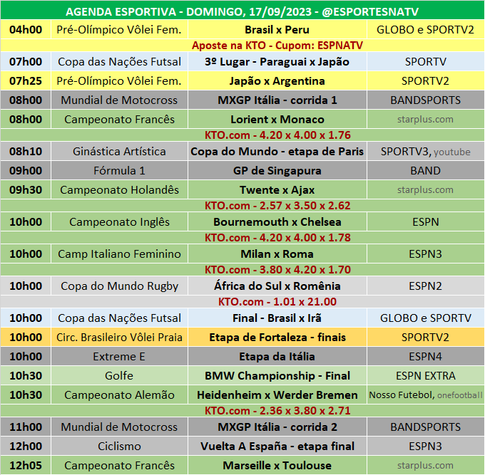 Esportes Na TV 📺 on X: A agenda esportiva desta SEGUNDA-FEIRA  (09/10/2023) Faça sua aposta na @KTO_brasil utilizando o cupom ESPNATV no  cadastro e garanta 20% de bônus no seu primeiro depósito!