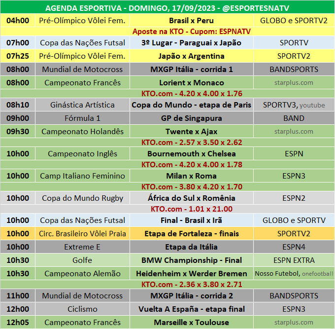 Esportes Na TV 📺 on X: A agenda esportiva deste SÁBADO (11/11/2023) Faça  sua aposta na @KTO_brasil utilizando o cupom ESPNATV no cadastro e garanta  20% de bônus no seu primeiro depósito!