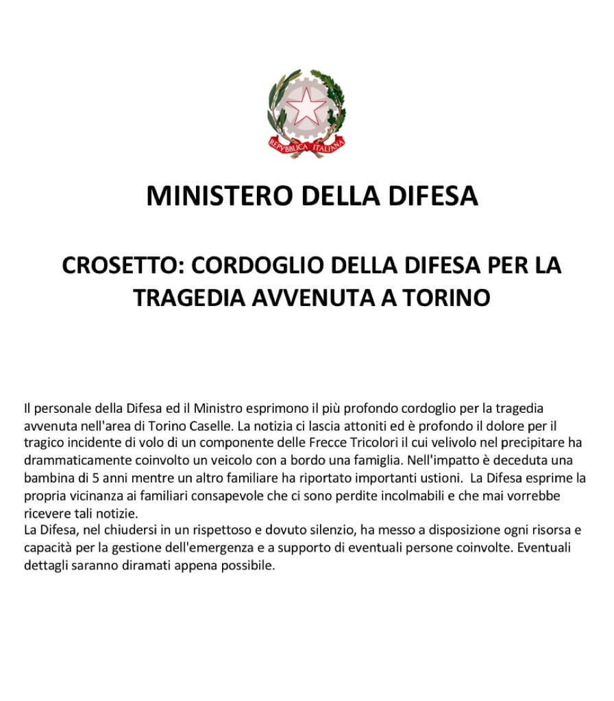 #16settembre 
Il cordoglio della #Difesa e del Ministro @GuidoCrosetto per la tragedia avvenuta a #Torino