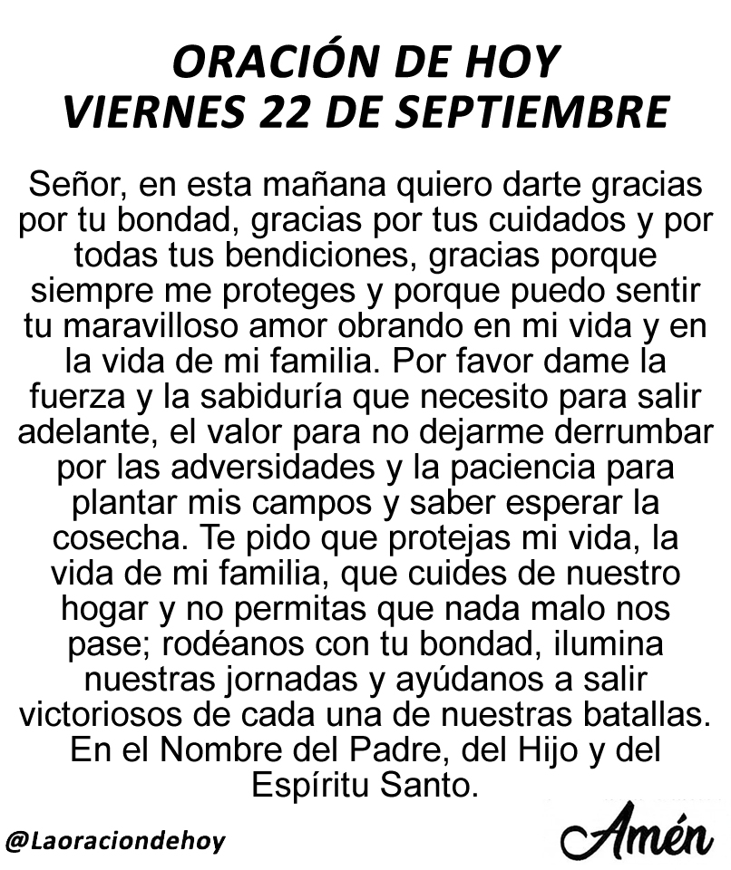 laoraciondehoy's tweet photo. Oración diaria para hoy viernes 22 de septiembre de 2023. https://t.co/5Rxlwf3m8d