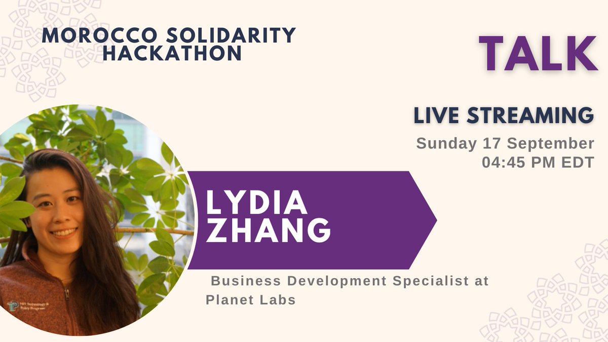 MARSolHackathon's tweet photo. 📢 We're thrilled to announce Lydia Zhang, our next guest speaker for the Moroccan Solidarity Hackathon! 🇲🇦 Join us tomorrow at 4:45pm EDT
 
 💡 Donate here: https://t.co/XLQNpgoDYW
 🖥 Website: https://t.co/A2Q7FC0oLt
 
 #MoroccanSolidarityHackathon https://t.co/bVrp6v0gtP