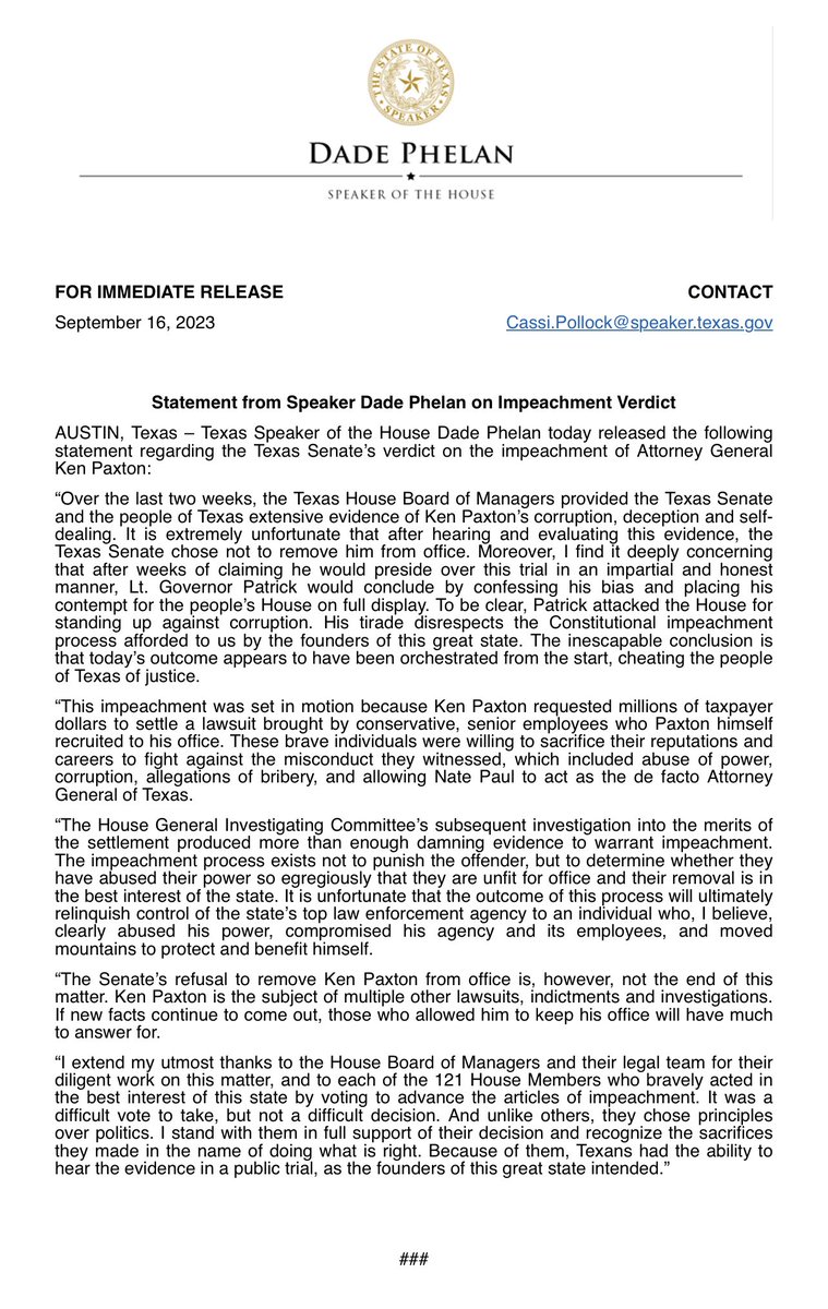 My full statement on today’s verdict. #txlege