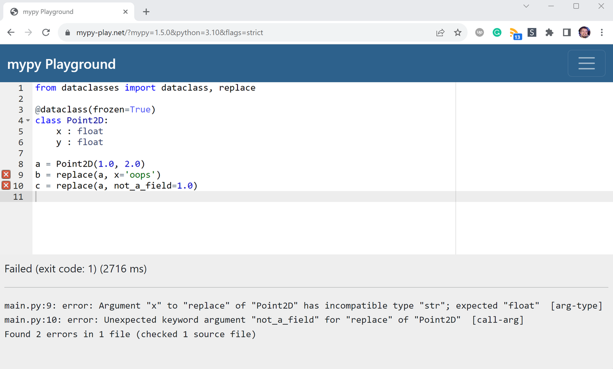 TheOlegarchy's tweet photo. Great news for #Python + #mypy functional programmers! Since mypy 1.5.0, dataclasses.replace is now more strict. It no longer allows setting a field with the wrong type or setting a non-existing field. Thanks to everyone at the @mypyproject for fixing this! https://t.co/l5P3Spk7yF