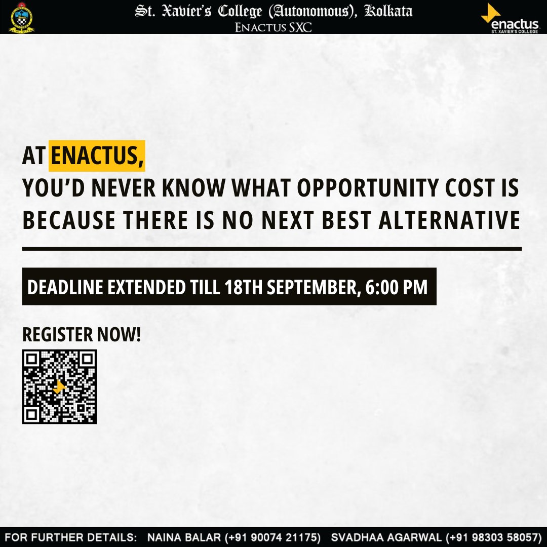 Enactus_sxc's tweet photo. The deadline has been extended and the opportunity cost of missing it could be your personal growth, meaningful connections, or the opportunity to contribute to a better world. 

Enactus SXC
Seeking Possibilities
Taking Action
Enabling Progress. https://t.co/1tHXPdf2hR