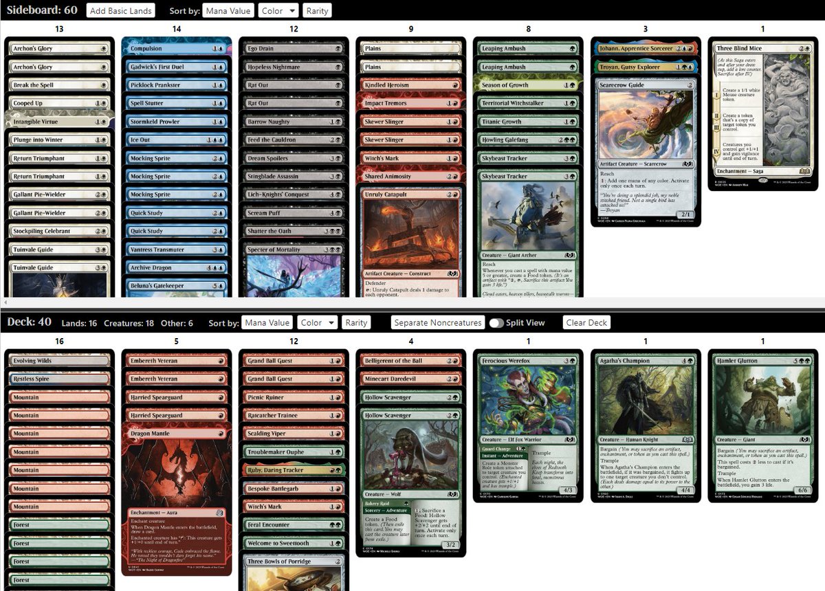 nahuitweets's tweet photo. Hey @lordtupperware @mistermetronome I'm in the #MTGArena open with this pool and found two interesting decisions: 1) is it worth it to splash for Three Blind Mice? 2) What about Restless Spire to enable the adventure on the viper (but less T1 untapped sources)? Any thoughts? https://t.co/sT2CQoJnW5