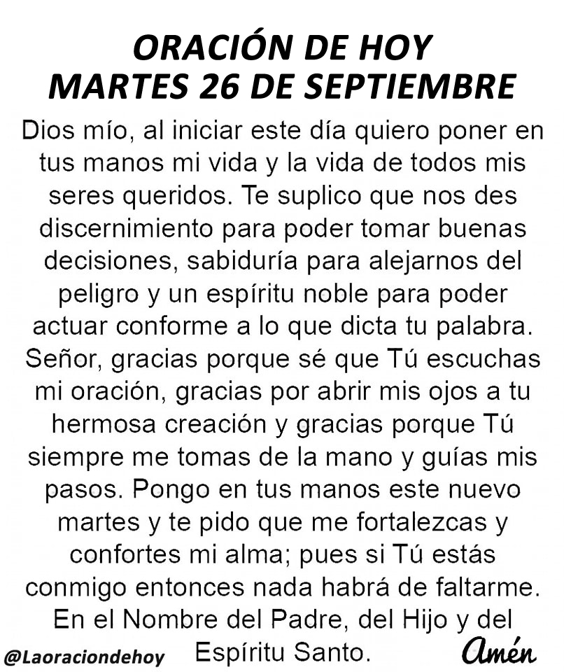Oración diaria para hoy martes 26 de septiembre de 2023.