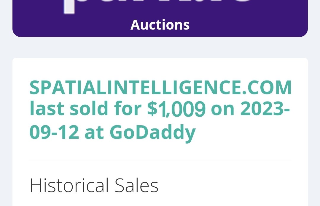 spatialintelligence.com sold for $1009.
I have SpatialAssistance.com 

For a short time, I also listed it for 1009$.

#domain #domainname #domainsale #buynames #domainsname #domainforsale #domaining #domainforsale #DomainNameForSale
#domaining
#domaininvestment
#DomainNames