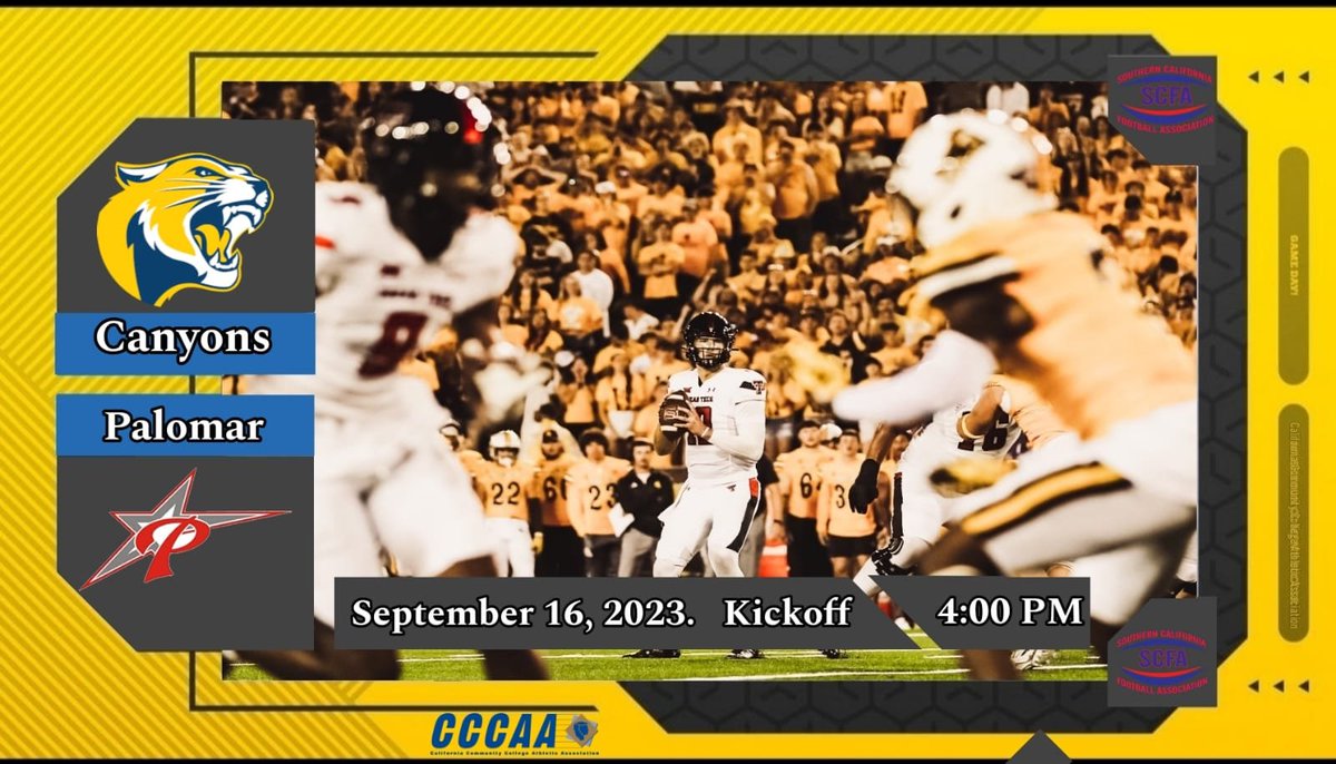 CCCAA Network (@3c2asports1) on Twitter photo 🚨 Game of the Week🚨
🏈Palomar vs Canyons
📅Sat. September 16, 2023
🕔4:00 PM
📺Game on: alfian.lvshd.com/cccaa
<a href="/PalomarFootball/">Palomar Football</a> <a href="/PmarAthletics/">Palomar Athletics</a> <a href="/Coach_Fiapai/">Ramsey F.</a> <a href="/misa_junior/">Robert “Junior” Misa 🇦🇸 C/O ‘23</a> <a href="/joseph_ayala_/">Jose Joseph Ayala IV</a> <a href="/777blessed777/">Blessed</a> <a href="/DanielJShelley/">Daniel Shelley</a> <a href="/Coach_Fiapai/">Ramsey F.</a> 🚨 Game of the Week🚨
🏈Palomar vs Canyons
📅Sat. September 16, 2023
🕔4:00 PM
📺Game on: alfian.lvshd.com/cccaa
<a href="/PalomarFootball/">Palomar Football</a> <a href="/PmarAthletics/">Palomar Athletics</a> <a href="/Coach_Fiapai/">Ramsey F.</a> <a href="/misa_junior/">Robert “Junior” Misa 🇦🇸 C/O ‘23</a> <a href="/joseph_ayala_/">Jose Joseph Ayala IV</a> <a href="/777blessed777/">Blessed</a> <a href="/DanielJShelley/">Daniel Shelley</a> <a href="/Coach_Fiapai/">Ramsey F.</a>