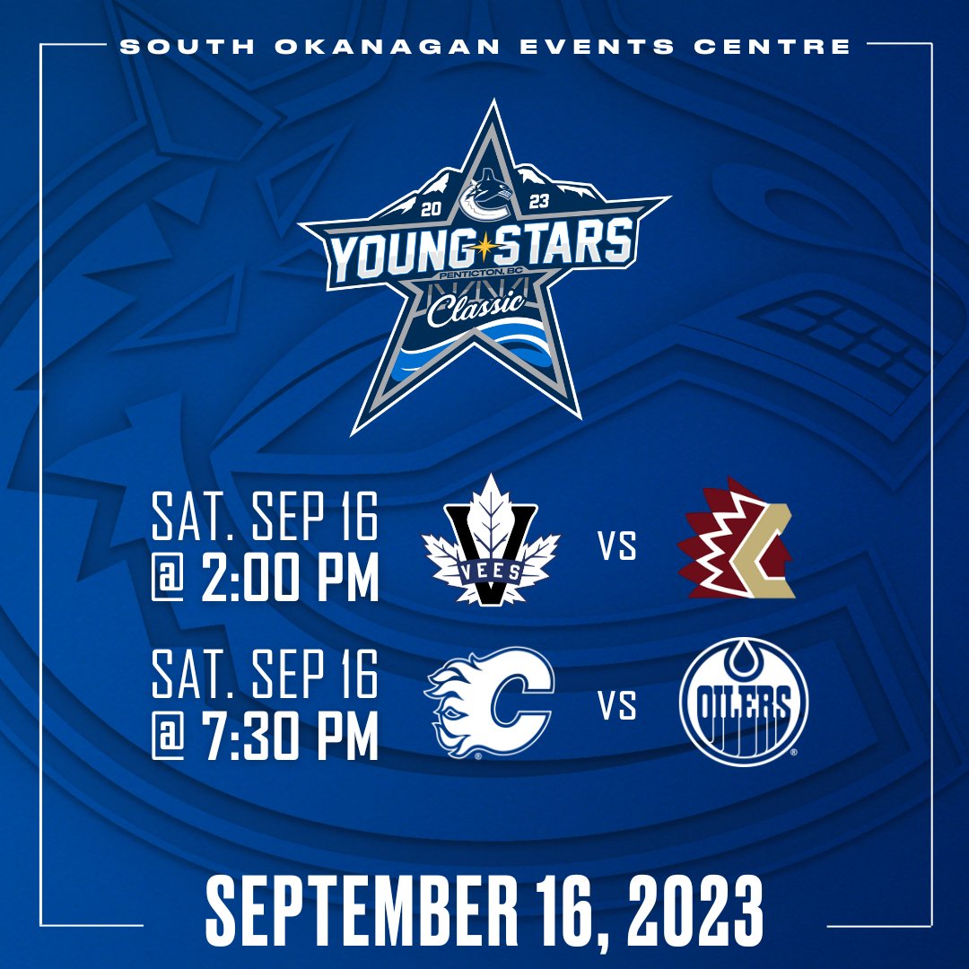 Today at the SOEC🌟 The @PentictonVees take on @Chiefs_Hockey this afternoon. Then tonight, catch the @NHLFlames face off against the @EdmontonOilers! Tickets are available in person and online at bit.ly/YoungStars23 🎫 SEE YOU SOON! 🏒 #canucks #youngstars #nhl #penticton
