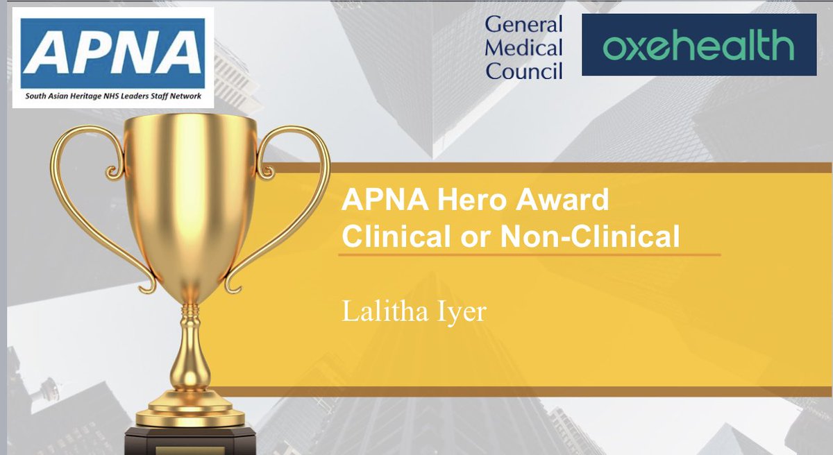 ApnaNhs's tweet photo. #APNAAwards23 π
APNA Hero Awards - Clinical or Non-Clinical
Presented to an individual or teams who has/have made a significant contribution to improve parity of outcomes or opportunities for South Asian Patient Communities
Winner - Dr Lalitha Iyer
#ThisIsAPNA #APNANHS https://t.co/F647emvgRz