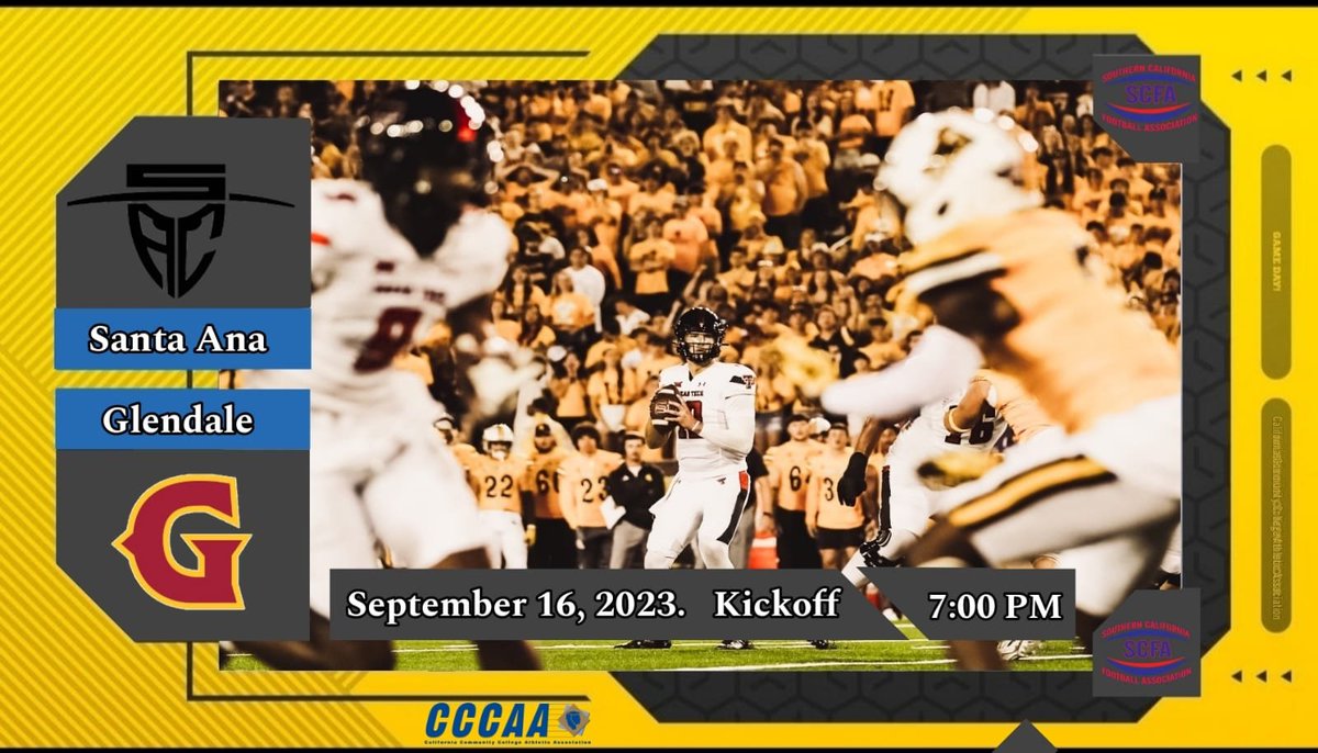 Footballscfa's tweet photo. 🚨 Game of the Week🚨

🏈Santa Ana Vs Glendale
📅Sat. September 16, 2023
🕔7:00 PM
📺Game on: https://t.co/wChgjwSaSr
@GlendaleCollege @contreras08nano @lauer_spencer @snchz_34 @Mlemus2628 @CornnerRyan https://t.co/frf0faGoie