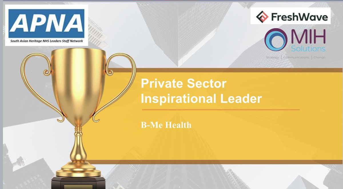 ApnaNhs's tweet photo. #APNAAwards23
Private Sector - Inspirational Leaderπ
For an individual or team who has/have made a significant contribution in leading & inspiring positive change to promote the ED&I agenda
Winner - B-Me Health
#ThisIsAPNA #APNANHS https://t.co/TxqMThQ9kh