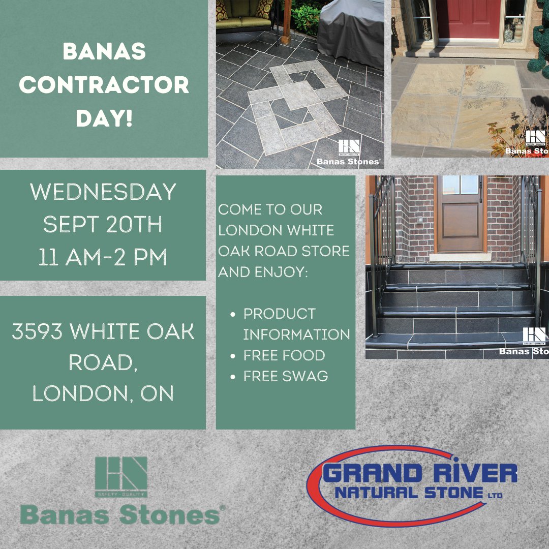 📣Calling all contractors!📣 Visit our store at 3593 White Oak Rd in London for a Contractor's Day hosted by Banas Stones.

Come talk to Banas Reps about any questions you may have, and of course, there will be free food and free swag! #contractorsday
